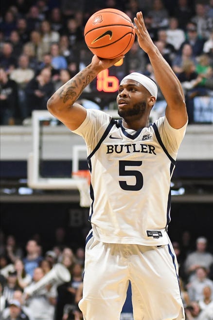 Feb 10, 2024; Indianapolis, Indiana, USA; Butler Bulldogs guard Posh Alexander (5) attempts a shot against the Providence Friars during the first half at Hinkle Fieldhouse. Mandatory Credit: Robert Goddin-USA TODAY Sports