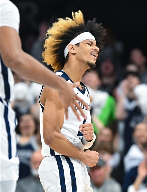 Feb 10, 2024; Indianapolis, Indiana, USA; Butler Bulldogs guard DJ Davis (4) celebrates after a play agains the Providence Friars during the first half at Hinkle Fieldhouse. Mandatory Credit: Robert Goddin-USA TODAY Sports