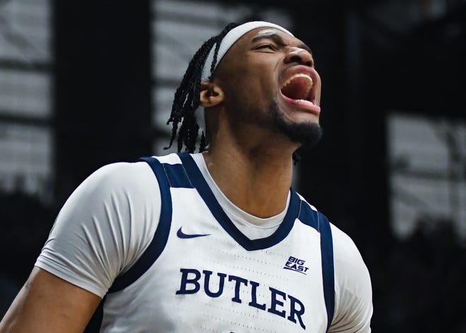 Feb 10, 2024; Indianapolis, Indiana, USA; Butler Bulldogs forward Jalen Thomas (1) celebrates after a block at the end of the game against the Providence Friars during the second half at Hinkle Fieldhouse. Mandatory Credit: Robert Goddin-USA TODAY Sports