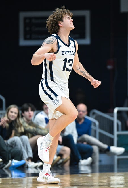 Feb 10, 2024; Indianapolis, Indiana, USA; Butler Bulldogs guard Finley Bizjack (13) celebrates after forcing a turnover against the Providence Friars during the first half at Hinkle Fieldhouse. Mandatory Credit: Robert Goddin-USA TODAY Sports