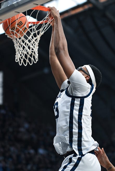 Feb 10, 2024; Indianapolis, Indiana, USA; Butler Bulldogs center Andre Screen (23) dunks the ball against the Providence Friars during the first half at Hinkle Fieldhouse. Mandatory Credit: Robert Goddin-USA TODAY Sports