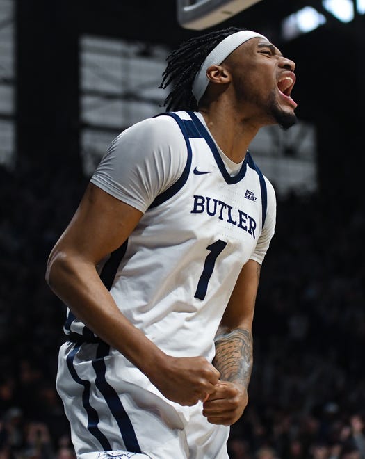 Feb 10, 2024; Indianapolis, Indiana, USA; Butler Bulldogs forward Jalen Thomas (1) celebrates after a block at the end of the game against the Providence Friars during the second half at Hinkle Fieldhouse. Mandatory Credit: Robert Goddin-USA TODAY Sports