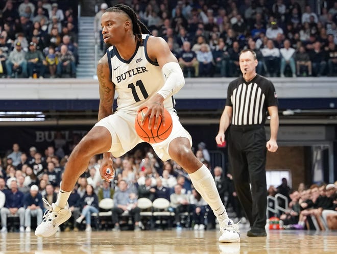 Feb 10, 2024; Indianapolis, Indiana, USA; Butler Bulldogs guard Jahmyl Telfort (11) dribbles the ball against the Providence Friars during the first half at Hinkle Fieldhouse. Mandatory Credit: Robert Goddin-USA TODAY Sports